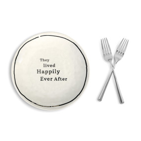 white ceramic plate with They Lived Happily Ever After printed in black letters with two silver forks next to it