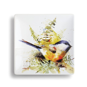 square tray with painted bird on it