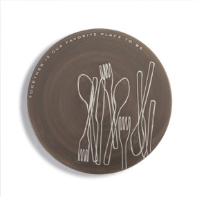 black plate with white utensil outlines and phrase Together is our Favorite Place to Be printed around outer rim