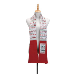 Front view of white mannequin stand with red christmas kitchen boa on it