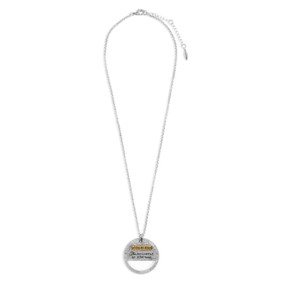 silver necklace with round silver and gold charm with empowerign sentiment etched into it