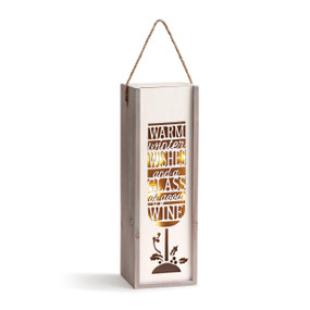 White wooden wine box with 'Warm winter wishes and a glass of good wine' carved in lit-up wine glass background