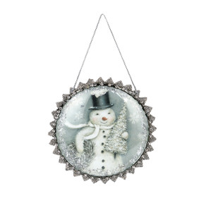 round ornament with snowman with glitter around the edges