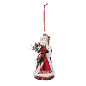 Hanging red santa ornament holding green wreath