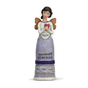 Small brunette angel figurine wearing light purple dress and white top - bottom of dress says 'cherished memories'