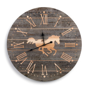 wooden clock with roman numerals and horse illustration in the middle