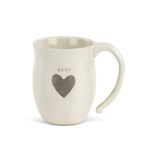 Front side view of white mug with 'kind' in grey above grey heart