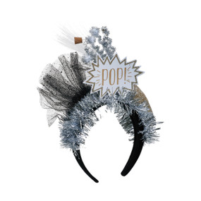 Black headband that has silver confetti and 'pop' in white/gold banner centered