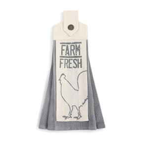gray towel with chichen outline reading Farm Fresh