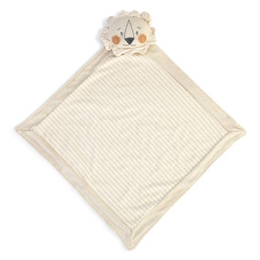 striped baby blanket with stuffed lion head at top