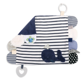 navy striped baby blanket with whale decal and scalloped tags around edges