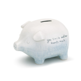 White/light blue ombre piggy bank - side view - 'you smile and our hearts melt' in blue letters