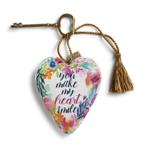 Small, multi-color heart pendant - 'you make my heart smile' in navy and pink letters - gold key and tassle attatched