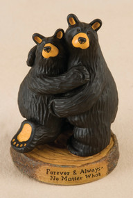 Two black bear figurines hugging one another on round wooden plaque that says 'forever & always no matter what'