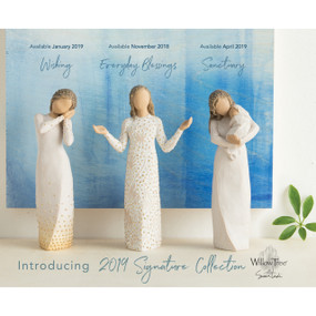 Willow Tree light blue advertisement with January 2019, November 2018, April 2019 on it - three woman figurines in white dresses