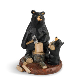 scene on wooden stand of black bear family chopping wood