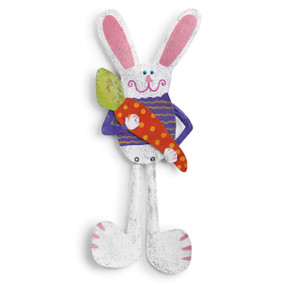 White bunny holding carrot wall art, light pink ears and toenails, purple shirt