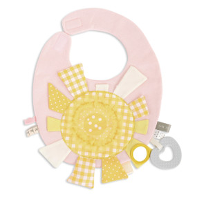 pink bib with yellow sun decal and yellow fabric tags around edge