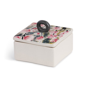 white square ceramic box with pink and black flower painting on lid