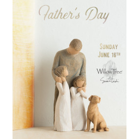 Father's Day advertisement in white/tan colors with dad figurine looking down on two girl figurines and golden dog