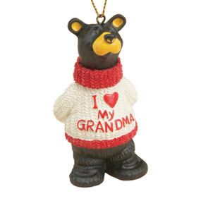 Black bear figurine ornament wearing red/white sweater that says 'i love my grandma'