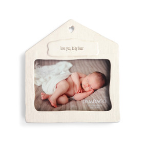 house shaped white picture frame reading Love You, Baby Bear at top