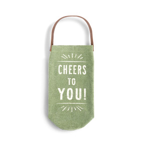 empty green bottle bag that reads 'Cheers to you!' in white letters
