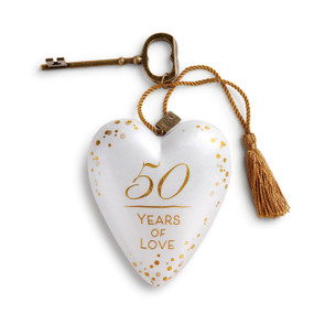Small white heart pendant with '50 years of love' in gold - gold key and tassle attatched