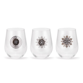 Set of three clear glasses with dark silver centerd embellishments