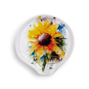 Round white plate with large yellow sunflower printed in the middle