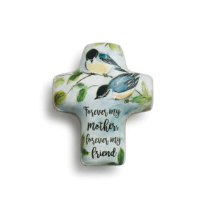 Forever my mother, forever my friend' in black letters on light blue cross figurine with two blue birds sitting on branches print