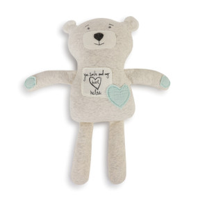 stuffed gray bear with blue detailing and decal reading You Smile and My Heart Melts