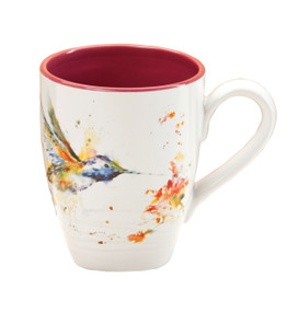 White coffee mug with rainbow splatter print hummingbird and red inside the cup