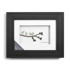 Dark wooden border wall art - white center with brown branch and 4 blue birds sitting on it