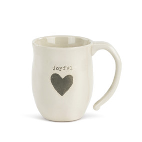 Front side view of white mug with 'joyful' in grey above grey heart