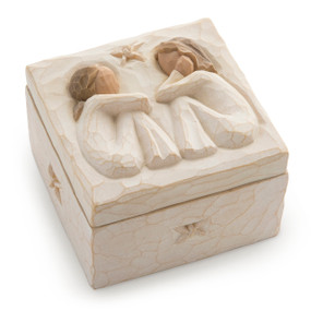 Cream square box with lid; bas-relief carving on lid of two seated females facing each other