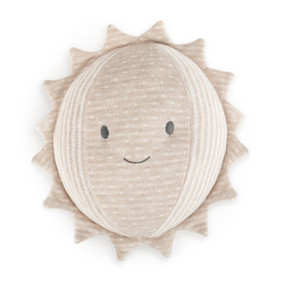 A tan polka dotted and striped Sun rattle.