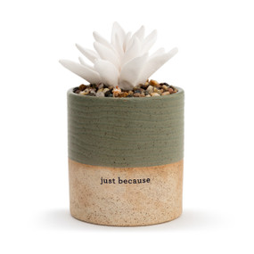 A small, speckle textured, tan and olive green vase, that reads just because", and is filled with an assortment of small rocks, and a white succulent oil diffuser."