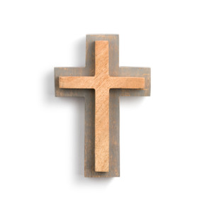 A gray washed wooden, decorative wall cross, with a light washed skinny cross placed on top.