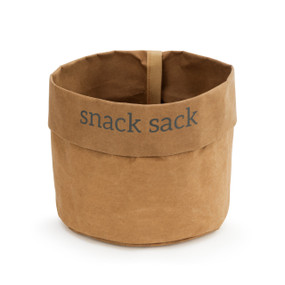 A large suede soft brown sack bowl, that reads snack sack" in black lettering."