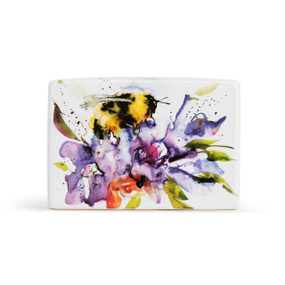 A white ceramic rectangular plaque with a watercolor painting of a bumblebee on a flower.