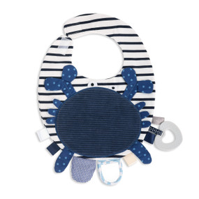 navy and white striped bib with navy crab decal and blue fabric tags around edge