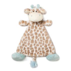 White/brown polka dot giraffee blanket spread out with light blue feet/horns/nostrils