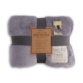 A dark gray and white striped foot pocket blanket with an ivory patch that reads "Nothing better than coffee in my mug and a cat in my lap (and maybe a lint roller)". Folded and tied with a gray ribbon and cardboard tag.