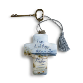 I can do all things through Him who strengthens me' printed on beach print cross keychain with blue tassle