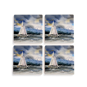 A set of four square coasters with a watercolor scene of a sailboat on the sea, laid out on a white background.