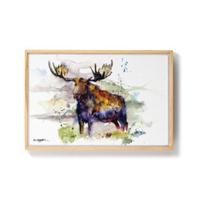 A light wood framed watercolor image of a moose.