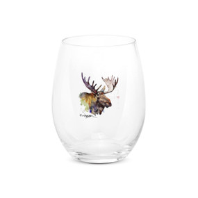 A clear stemless wine glass with a watercolor image of a moose.