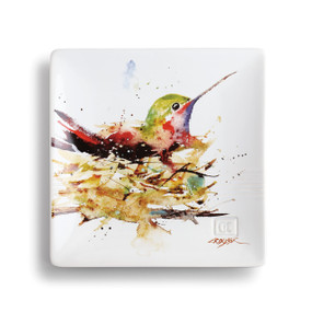 square tray with painted bird on it