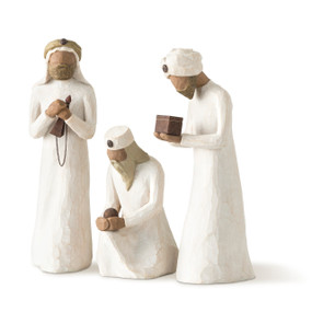 Front view of three male figures in cream robes and headdresses, kneeling, bowing or standing, each carrying a metal container
